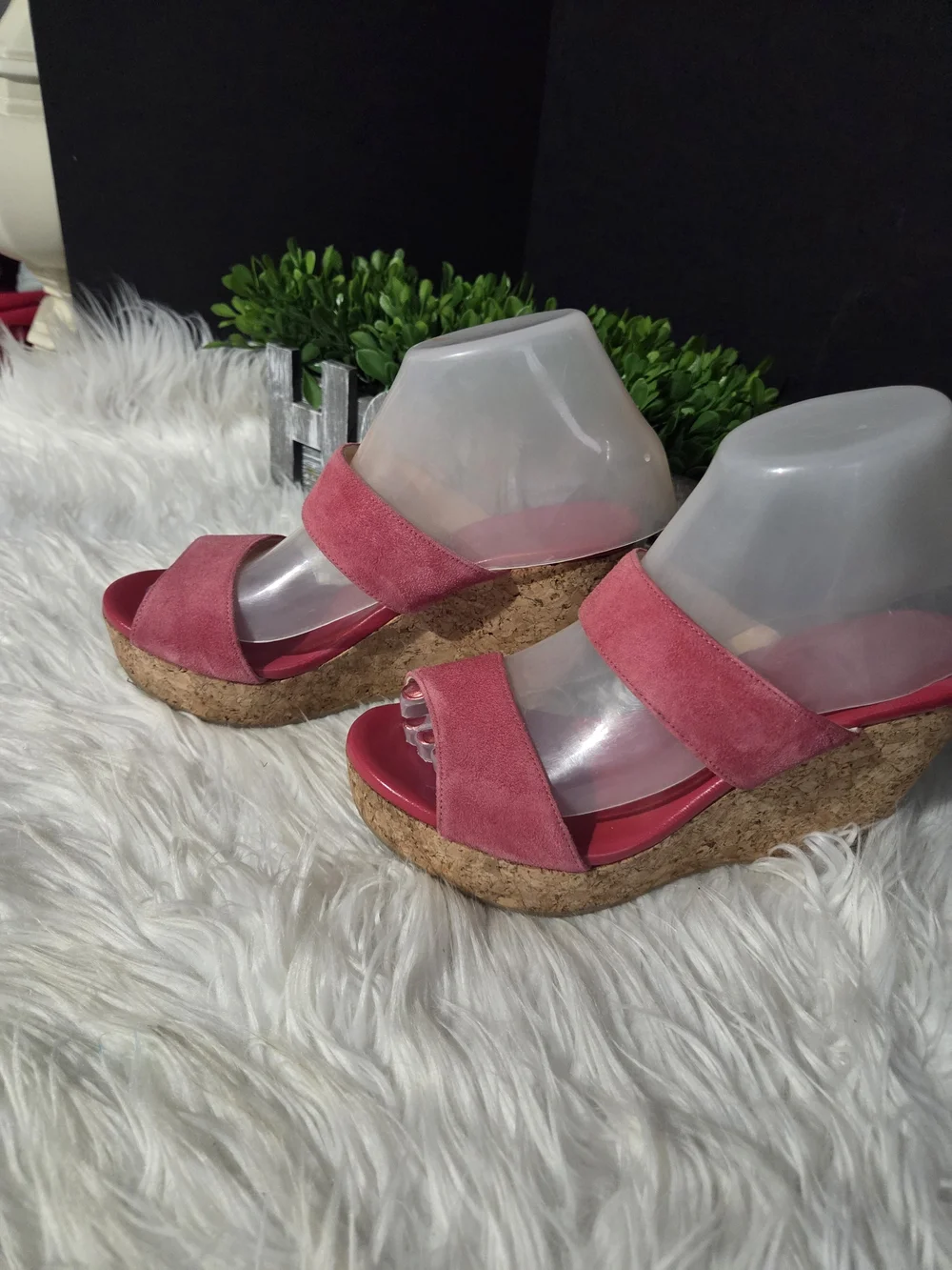 Jimmy Choo Pink Suede Cork Wedge Slide Sandals. Size 7.5, (37.5) women